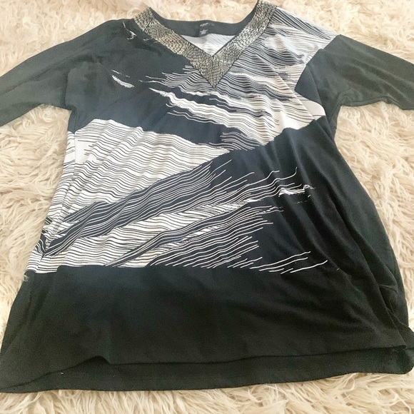 Alfani | Black White Silver Dress Blouse 1X V Neckline Shimmer - Picture 11 of 11